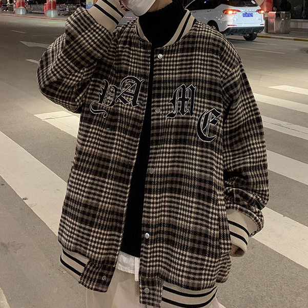 Áo khoác bóng chày kẻ sọc thời trang ca rô thêu chữ dành cho cặp đôi thời trang phong cách hàn quốc áo khoác nam lỏng lẻo giản dị retro