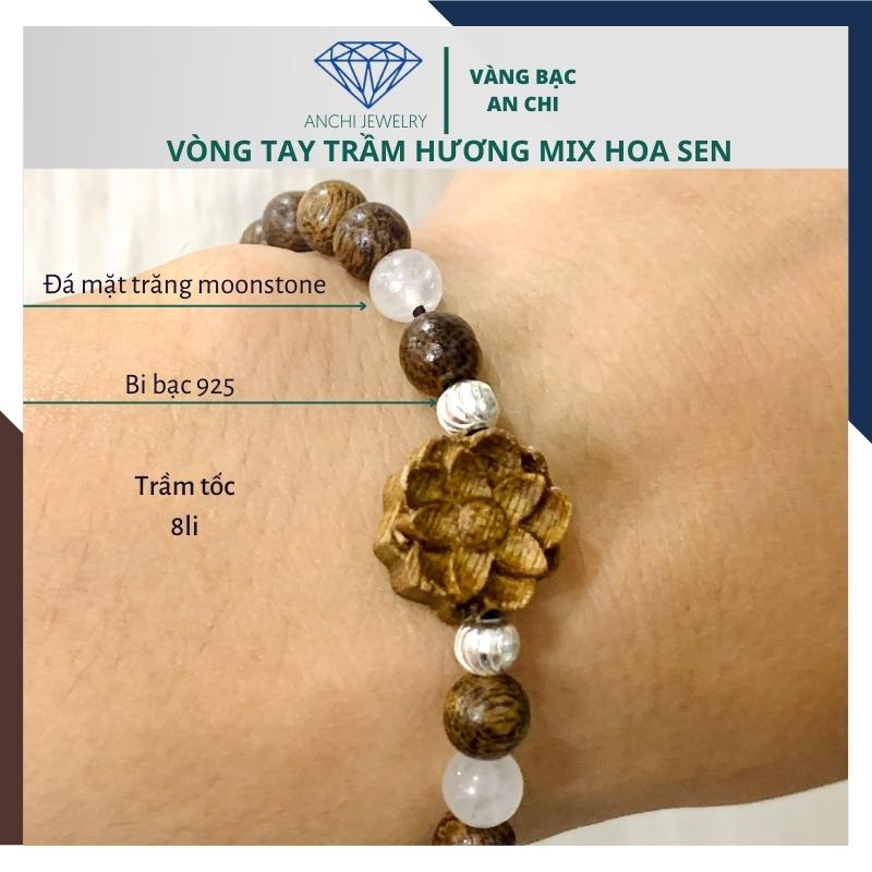 Vòng tay trầm hương 108 hạt mix charm hoa sen bạc cho nữ - size 6 8mm, Anchi jewelry