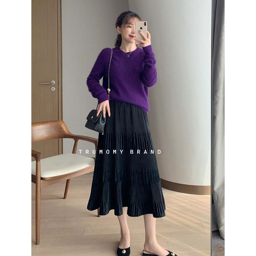 Chân váy nhung xếp ly xòe dài Vintage Quảng Châu phối 2 viền bèo, cạp cao, lưng thun, dài qua gối - Trumomy | BigBuy360 - bigbuy360.vn