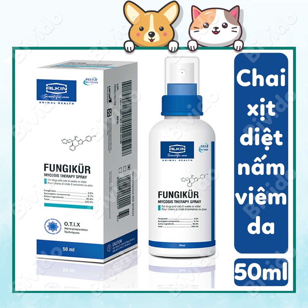 Chai xịt Alkin Fungikur diệt nấm viêm bệnh ngoài da chó mèo thú cưng 50ml - Bivido