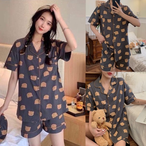 SUSQ1 Quần sooc đùi short ngắn áo cổ vest form rộng unisex Đồ bộ Pijama nam nữ ngủ mặc nhà gấu xanh trắng cộc tay cute