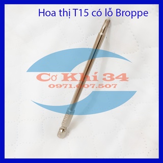Mũi vít hoa thị t15 có lỗ dài 100mm chuôi lục giác hãng broppe