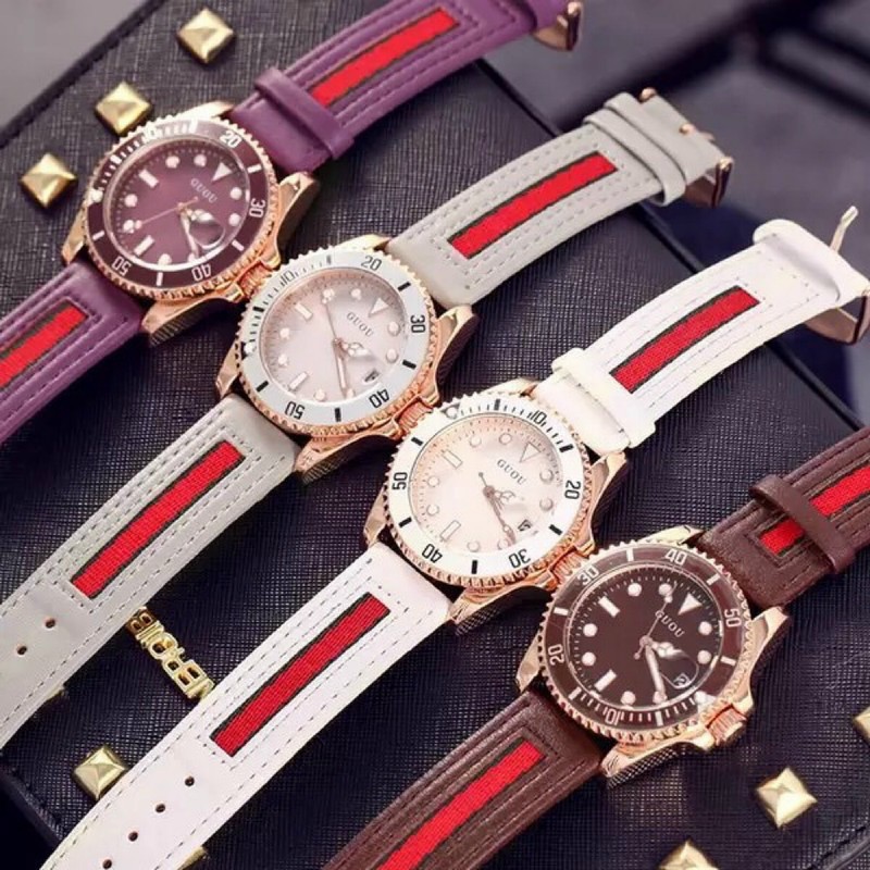 Đồng hồ nữ đeo tay dây da Guou viền mạ vàng chính hãng chống nước tuyệt đối 8077 | BigBuy360 - bigbuy360.vn