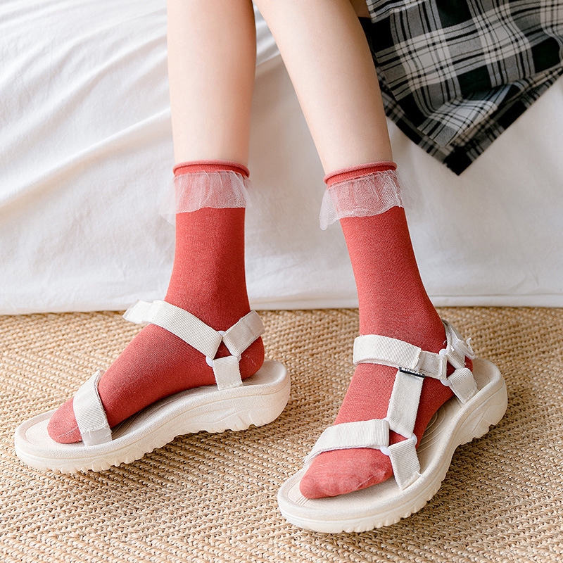 Lace Ruffles Frilly Cotton Ladies Socks All Seasons College Harajuku Lovely Cute Retro Floral Princess Loose Solid Women Socks