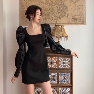 Đầm thiết kế dự tiệc tông Đen sang chảnh tay phồng  Pháp basic 2020 hàng Quảng Châu