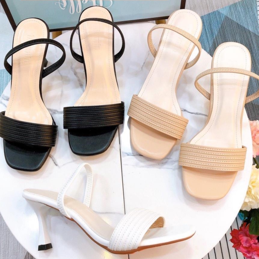 Giày Cao Gót Sandal Nữ Quai Ngang Gót Nhọn Hậu Chun Co Giãn Cao 6cm Màu Trắng/Đen/Nude Hàng Cao Cấp