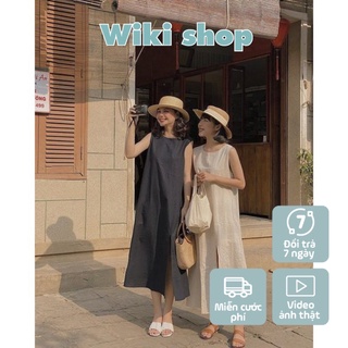 Váy thô đũi suông xẻ tà freesize sẵn 2 màu - Váy khoét nách chất thô đũi dáng suông rộng xẻ tà freesize C277