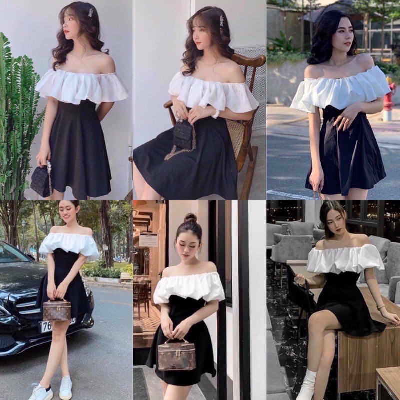 [Mã FAMAYWA2 giảm 10K đơn 50K] [FREESHIP] Đầm BlackwhiteTrễ Vai Đen Trắng 🌸 Nasu May🌸 Váy Bệt Vai Nhún Bèo Hot | WebRaoVat - webraovat.net.vn