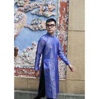 Áo dài cách tân nam - Gấm xanh dương mây tím