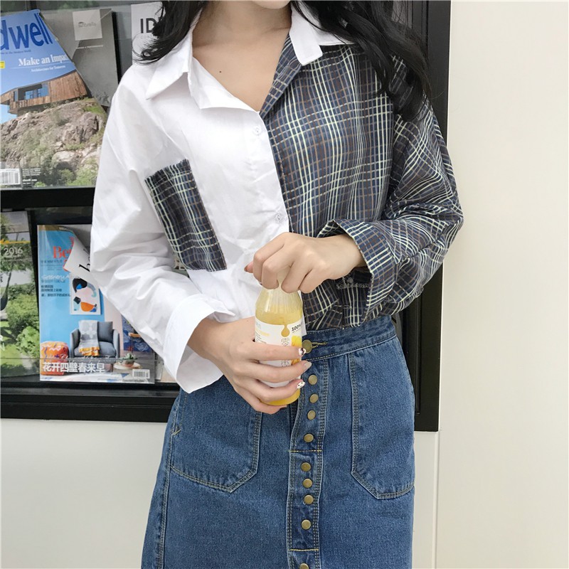 SUXI Áo sơ mi tay dài dáng rộng phong cách Hàn Quốc