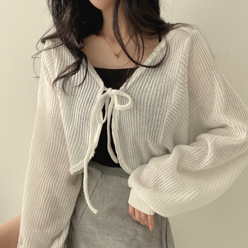 Áo Khoác Cardigan Dệt Kim Mỏng Tay Bồng Cột Dây + Áo Khoác Ngắn Phong Cách Pháp Thời Trang Mùa Hè Cho Nữ