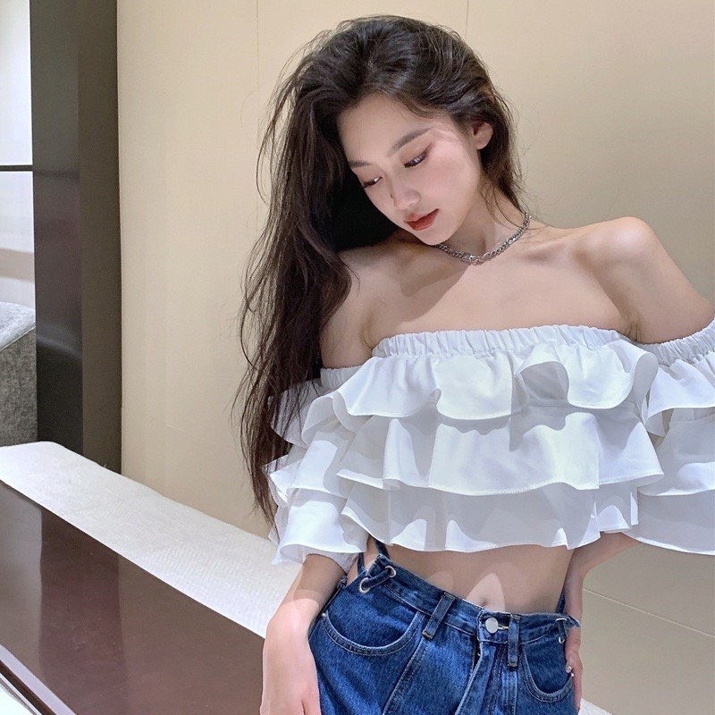 Áo croptop bẹt vai xinh hình thật shop chụp