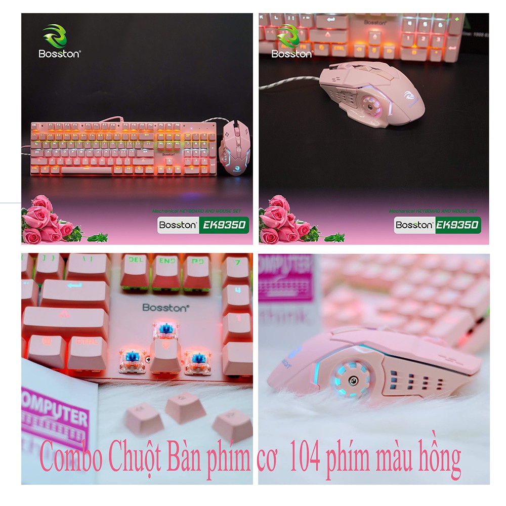 (Chính Hãng) Combo Phím Cơ Chuột Bosston Ek9350 ( Pink ) Led Rgb Mới