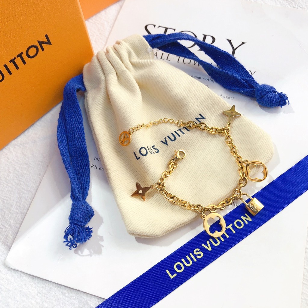 Vòng tay chuỗi xích mặt hình ổ khóa/cỏ 4 lá/logo LV thời trang cho nữ