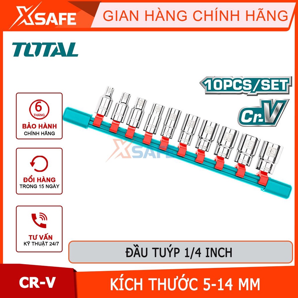 Bộ 10  đầu tuýp 1/4 inch TOTAL THT1411023, kích thước  5-6-7-8-9-10-11-12-13-14mm đầu tuýp chất liệu 50BV30, thép CrV