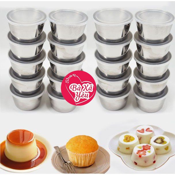 Bộ 20 Khuôn Làm Bánh Flan Inox 304 Có Nắp Nhựa Khít Tặng Kèm 50 Khuôn Nhựa - BX3575