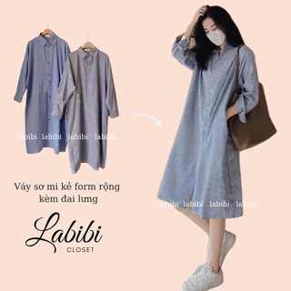 Đầm Sơ Mi Kẻ Sọc Kèm Đai Thắt Lưng 2 Màu Cơ Bản Form Suông Rộng, Labibi