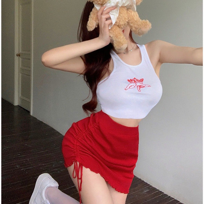 Fashion suit sweet hot girl pure want to hang neck sling small vest women's dress with high waist and short skirt in summer two-piece set
