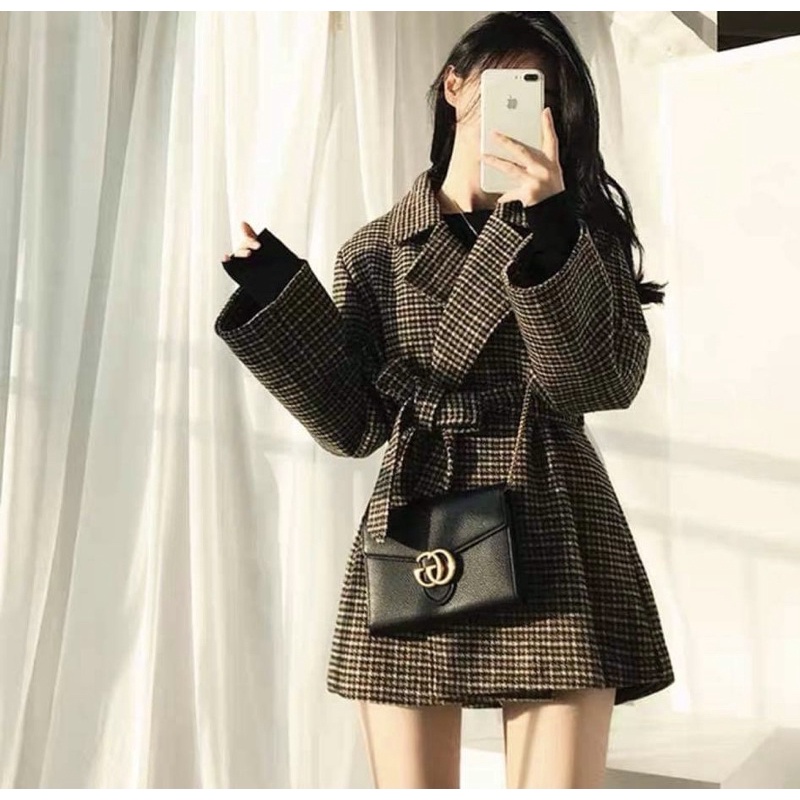 [HÀNG SẴN]ÁO KHOÁC DẠ TWEED kẻ caro kèm đai thắt eo 2 lớp cực xinh