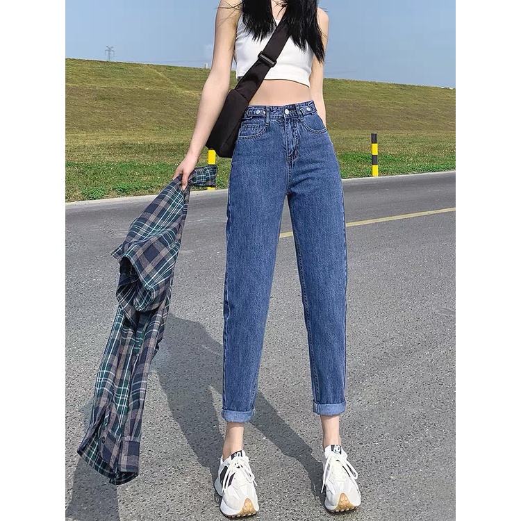 [60kg-90kg] Quần jean baggy nữ BigSize Lưng gài Khoen Kiểu khuy tăng đơ, màu xanh đá phom TO rộng đủ size 105 MLJ
