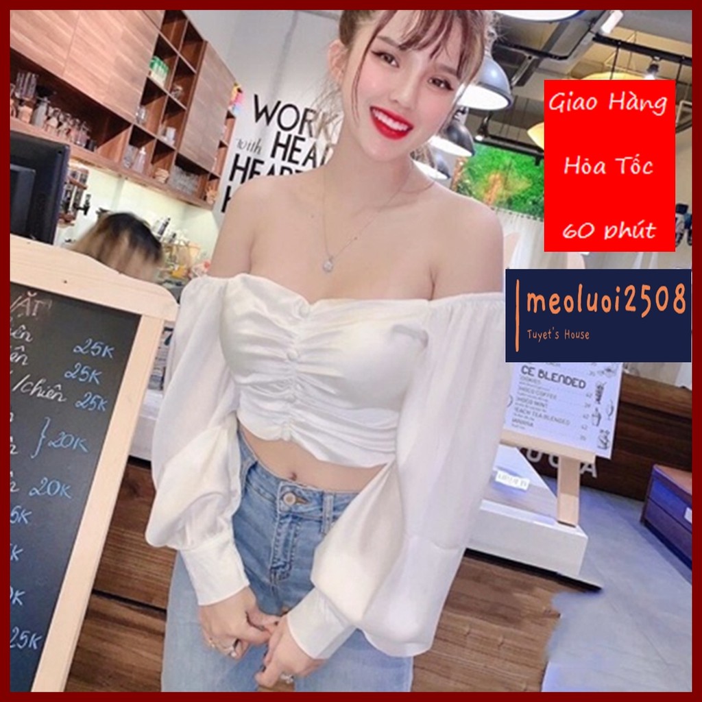 Áo Croptop Trễ Vai Lụa Phi Bóng Mịn LACA STORE L9-2, ÁO CRT TRỄ VAI VẢI PHI