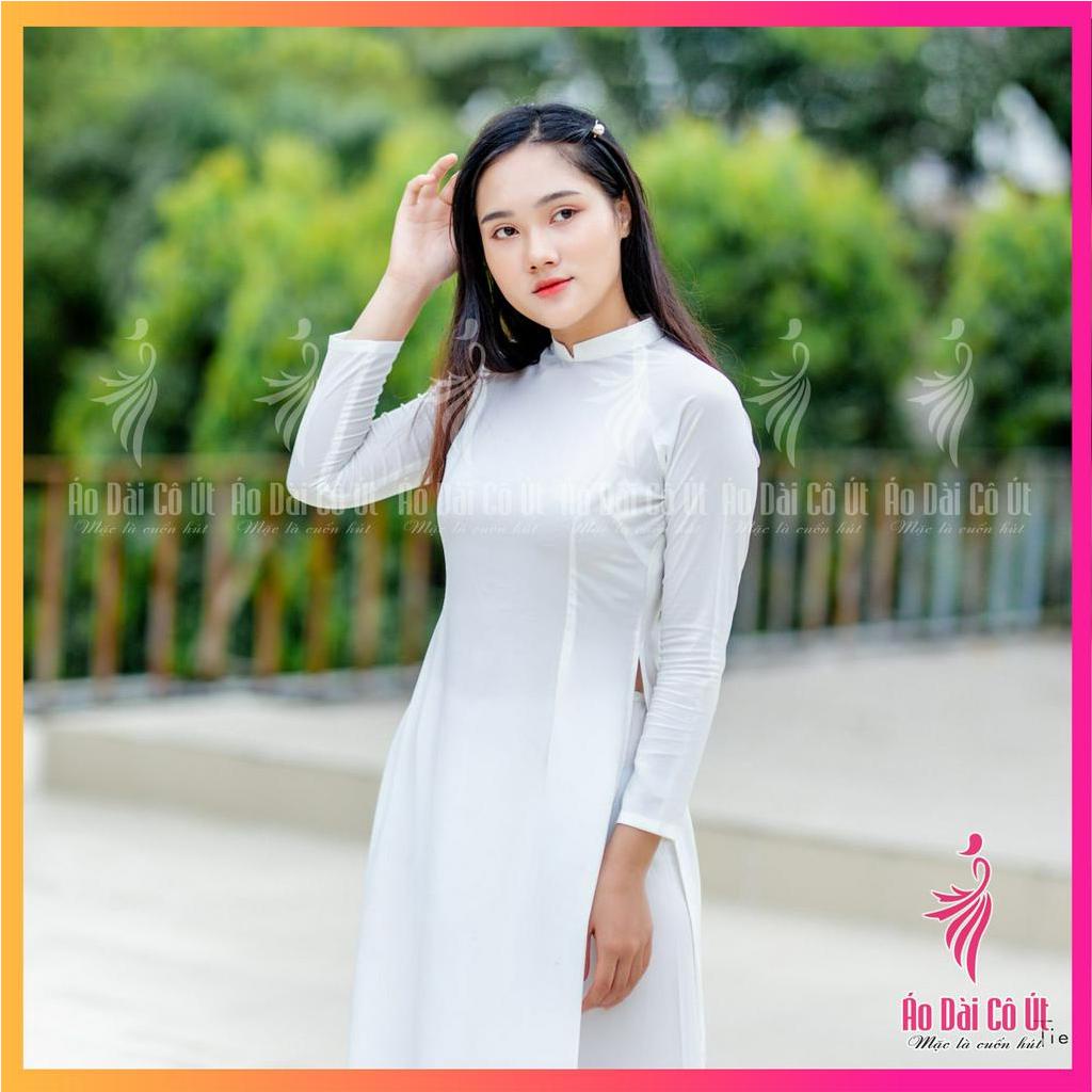 Áo Dài Trắng 2 Tà Truyền Thống Vải Lụa Mềm Mịn Hàng Có Sẵn