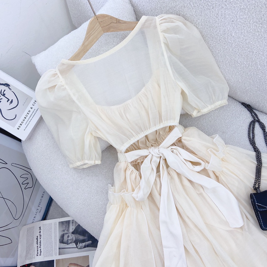 ĐẦM MIDI VOAN KEM CUT OUT NƠ CỘT NƠ LƯNG