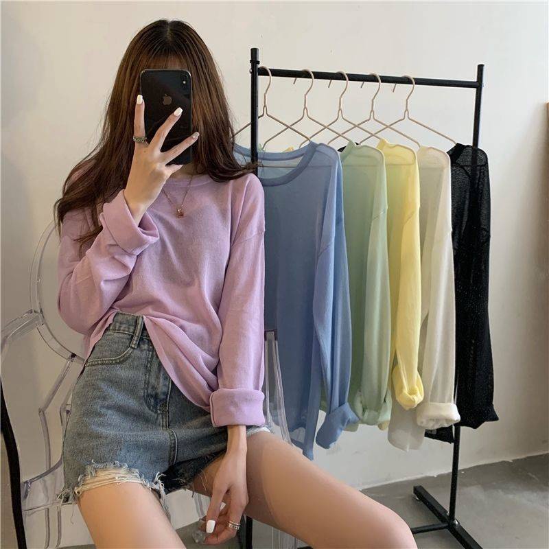 Mesh sunshine shirt top summer new Korean loose lace long sleeve T-shirt female shirt