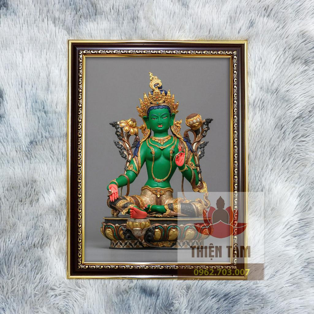 Tranh Tượng Tara Xanh Mandala  khung 36x48cm bằng vải phủ bóng khung composite xịn xò