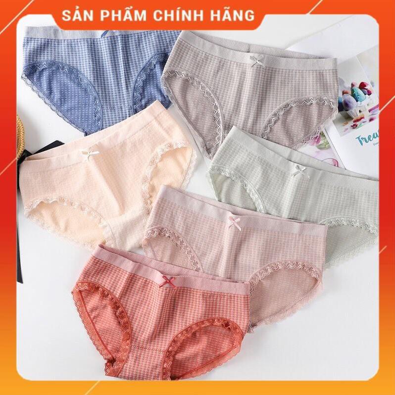 Quần Lót Cotton Co Giãn 4 Chiều Kẻ Caro Viền Ren Dễ Thương 555