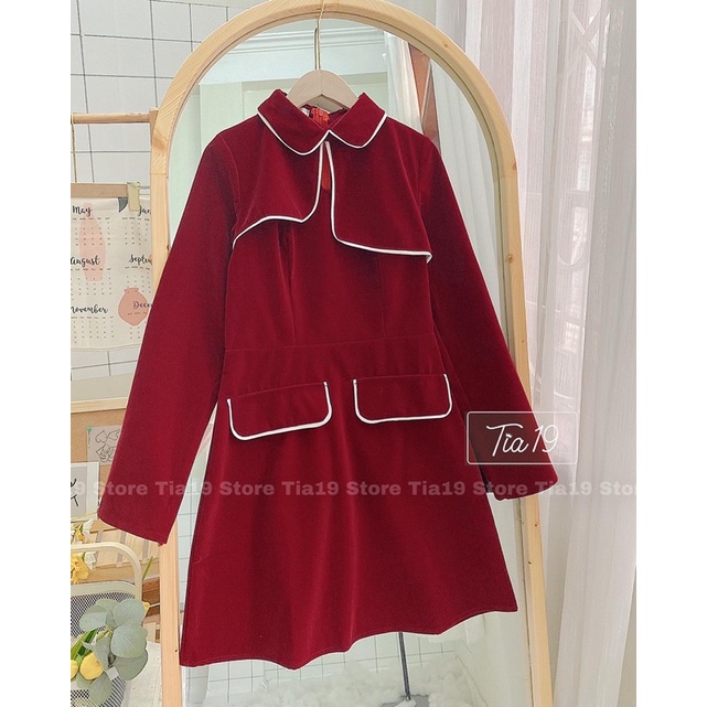 Váy đỏ nhung viền dài tay Tia19. Đầm đỏ Tết dáng ngắn ulzzang