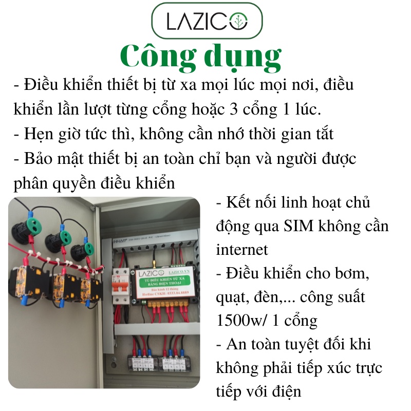 Tủ điều khiển từ xa bằng điện thoại 3 kênh cho máy bơm, motor, quạt công suất 1500w/kênh 1pha LAZICO LZ3B