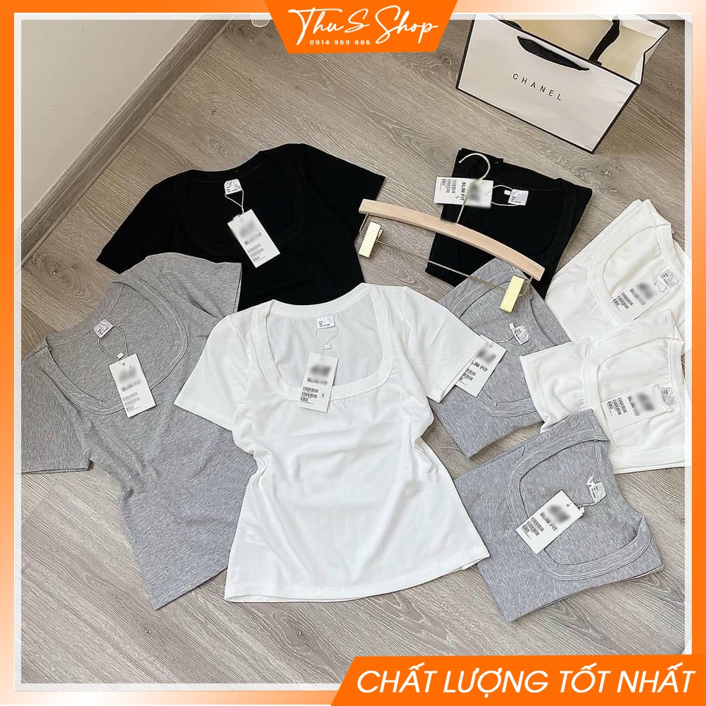 [Mã FAMARAL1 giảm 10K đơn 50K] Áo phông cộc tay nữ co dãn vải cotton xịn hút mồ hôi, form ôm, cổ U siêu xinh A1A04