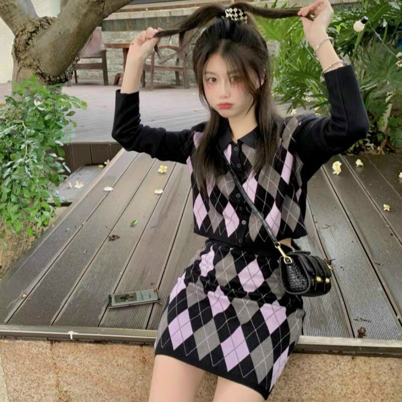 HOT Set áo len polo kẻ sọc dài tay + chân váy đẹp xinh thời trang tiểu thư xinh xắn mẫu mới Hàng Quảng Châu Cao Cấp