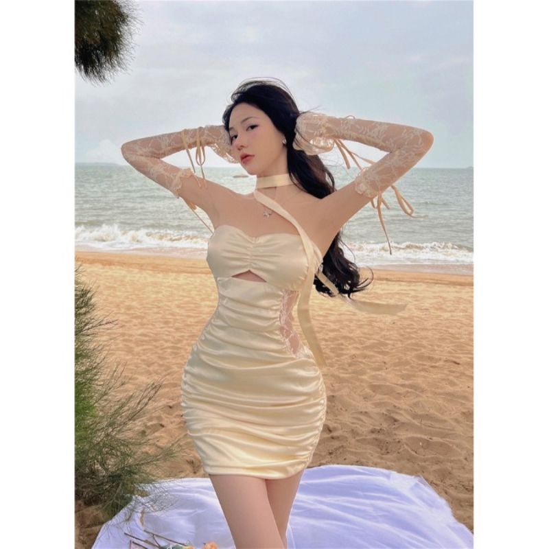 Đầm Ống Tay Áo Satin Phối Ren Gợi Cảm Thời Trang Mùa Hè Hàng Mới Dành Cho Bạn Nữ