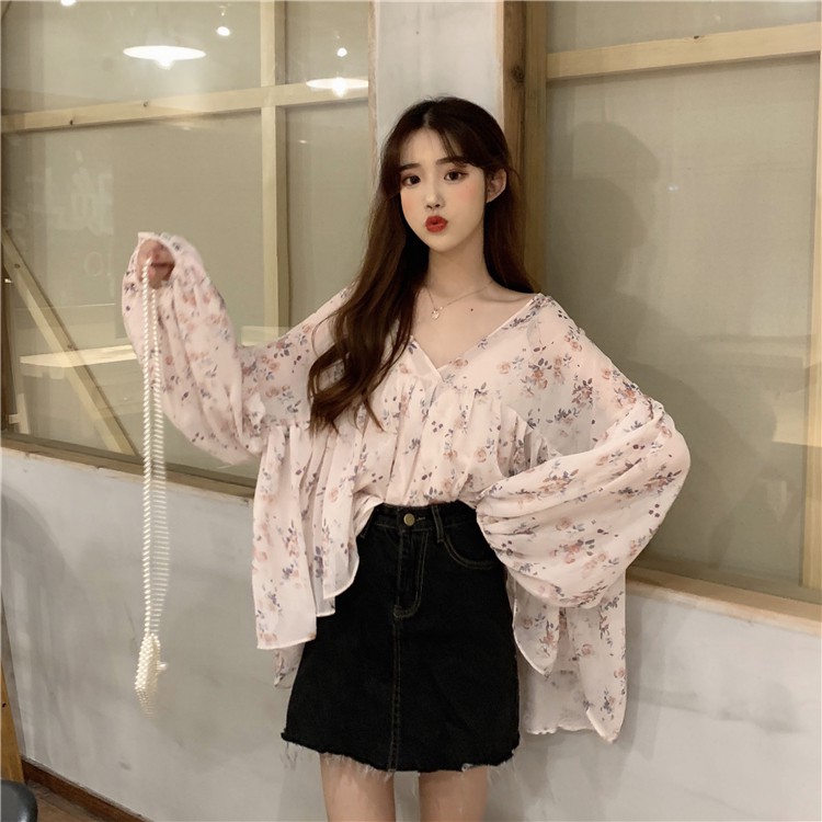 Áo kiểu chiffon tay dài in hoa thời trang cho nữ | BigBuy360 - bigbuy360.vn