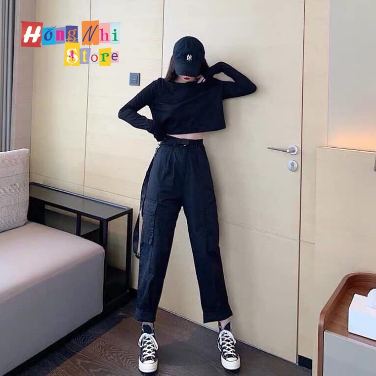 Áo Croptop Trơn Tay Dài Dáng Rộng Màu Đen Long Tee Ulzzang - MM