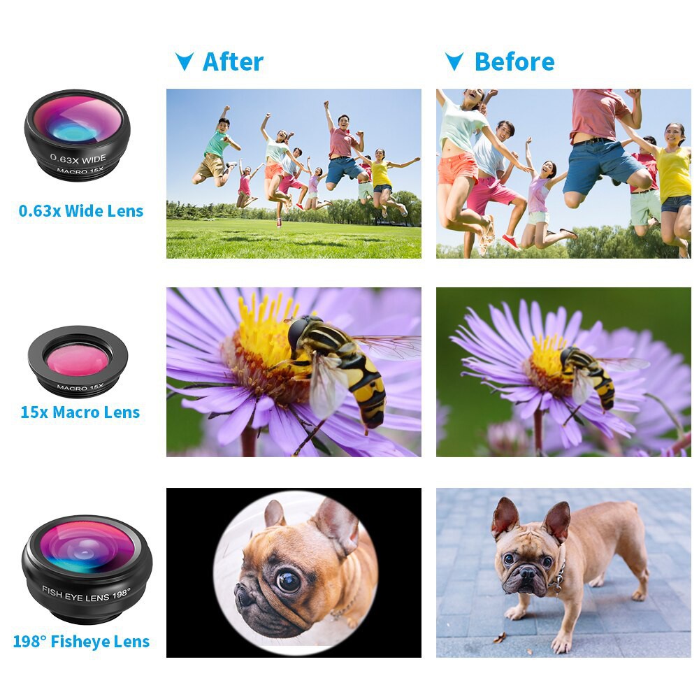 ⊙❉Bộ lens, ống kính đa năng cho điện thoại Apexel 4in1 tele 18x, macro, mắt cá, góc rộng - Tặng kèm giá đỡ