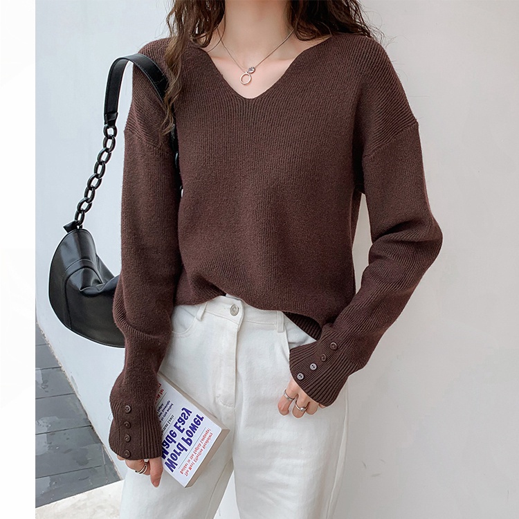 Áo len dài tay dáng rộng cổ chữ V thời trang