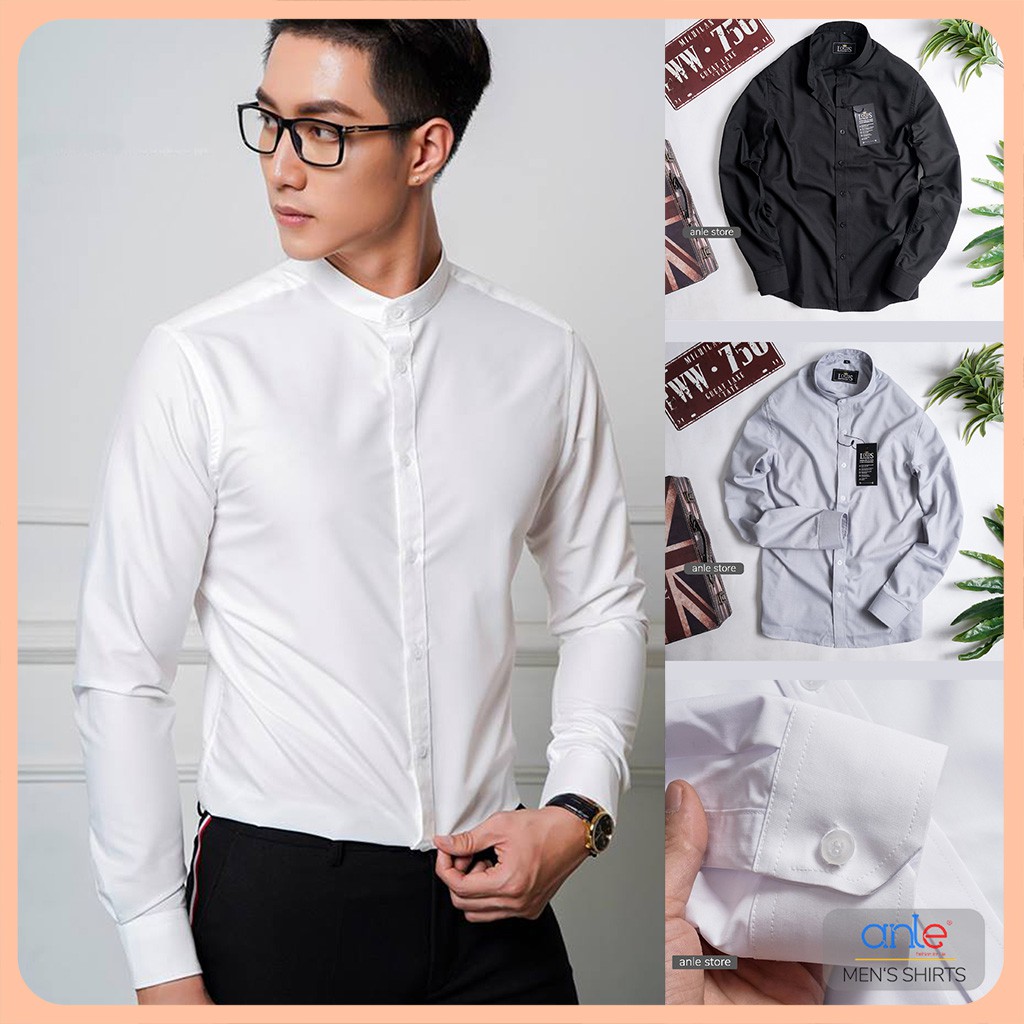 Áo sơ mi nam cổ trụ cổ tàu công sở LOUIS form Hàn Quốc Cotton lụa Xuất Khẩu đẹp cao cấp màu trắng đen Ảnh và Video thật