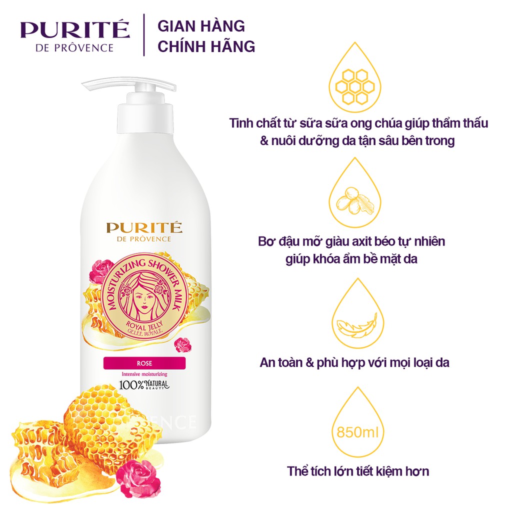 Sữa Tắm Purité Dưỡng Ẩm Sữa Ong chúa &amp; Hoa Hồng 850ml