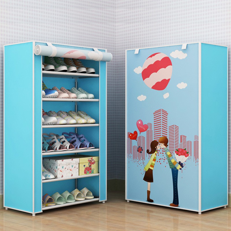 Tủ vải 6 tầng 5 ngăn đựng giày dép bọc vải họa tiết in 3D dễ thương khung INOX chắc chắn cao cấp