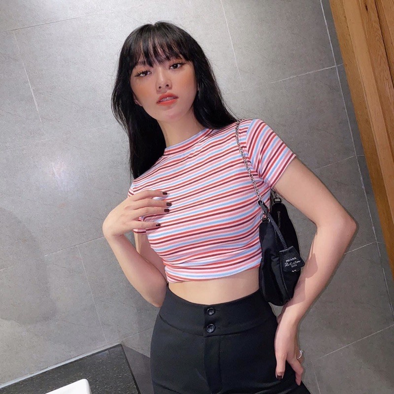 Áo nữ crop sọc tay ngắn
