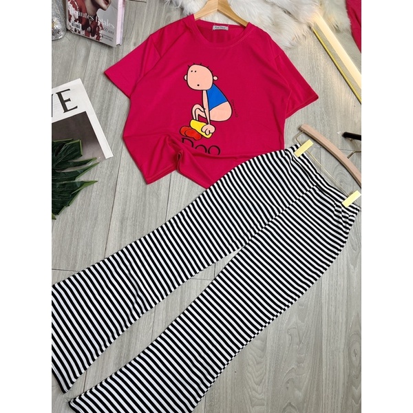SET BỘ QUẦN SỌC LOE ÁO THUN FORM RỘNG FREESIZE
