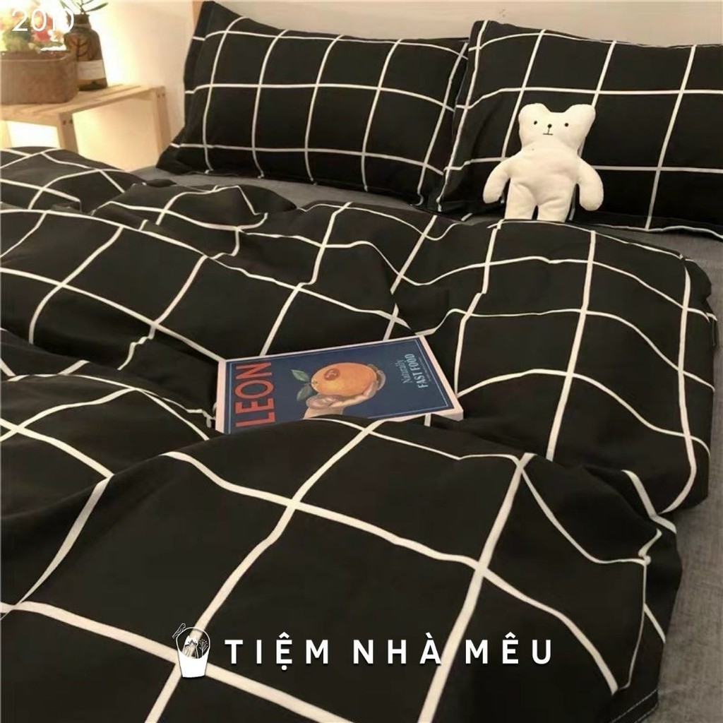 Bộ Chăn Ga Gối Cotton 3D✨m6/m8/2m-Tiệm Nhà Mêu✨Set 4 Món 2 Vỏ gối ,drap ,vỏ chăn Caro Kẻ Đen Cao Cấp Nhập Khau