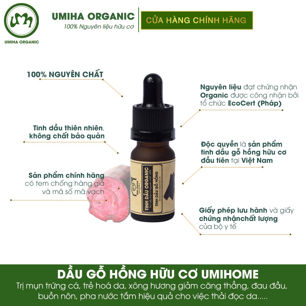 Tinh dầu Gỗ Hồng hữu cơ UMIHOME nguyên chất 10ml - Dùng xông giảm căng thẳng, dễ ngủ, dưỡng da chống lão hóa, ngừa mụn