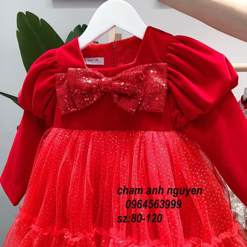 Váy nhung nơ đỏ phối voan cho bé gái