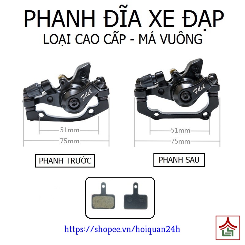 Cụm Phanh Đĩa Cơ Trước Sau Cho Xe Đạp Bản Cao Cấp Má Vuông