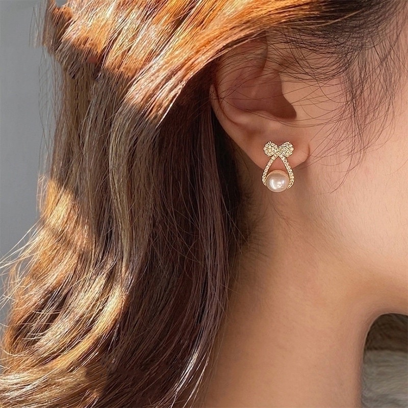 Bông tai, khuyên tai hình chiếc nơ đính ngọc trai nhân tạo phong cách tiểu thư BT91