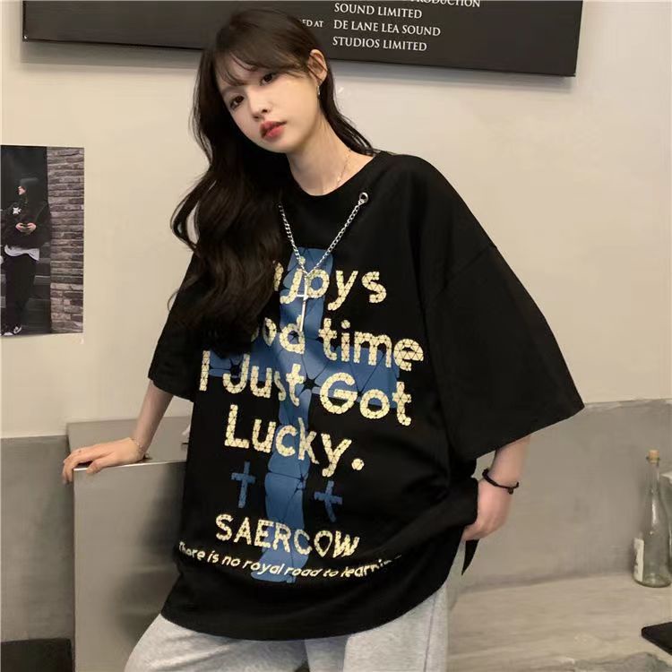 Áo Thun Ngắn Tay In Chữ Phối Dây Xích Phong Cách Xuân Hè Mỹ Cổ Điển Thời Trang  Cho Cặp Đôi